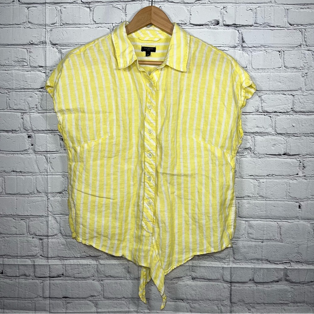 Talbots Linen Striped Tie Front Cap Sleeve Shirt Womens Size Medium Petite